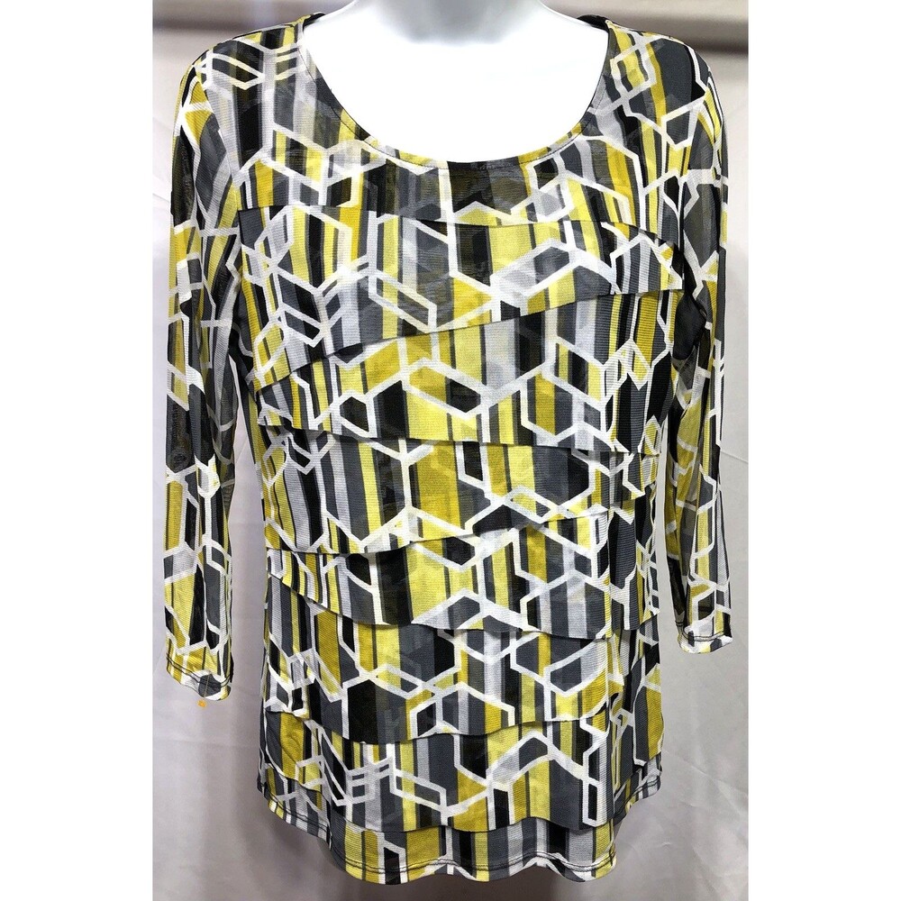 Alfani layered mesh Top M Yellow Gray Geo 3/4 Sleeves Scoop Neck Punk Glam Chic